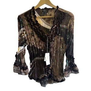 NEW Deadstock Vintage Piano Size Medium Brown Floral Sheer Beaded Top Whimsigoth